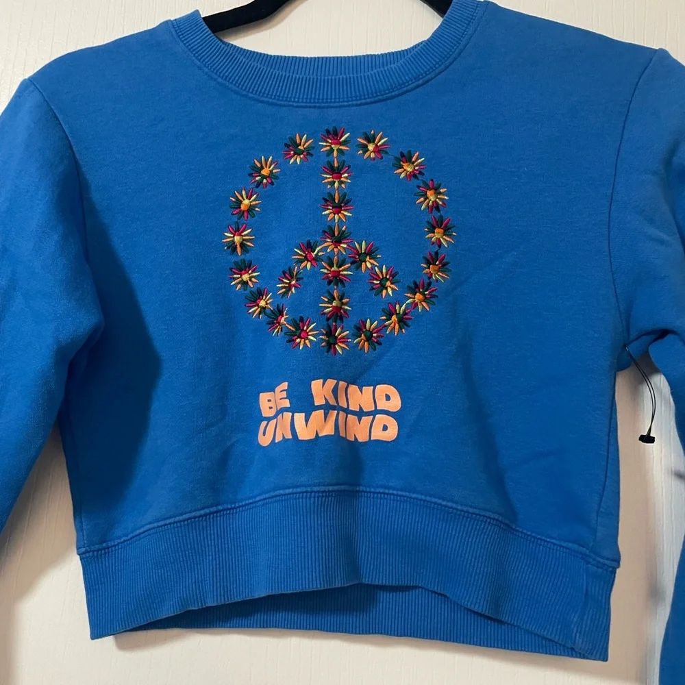 NWOT 🩵Urban Outfitters Bright Blue Embroidered Peace Cropped sweatshirt size XS